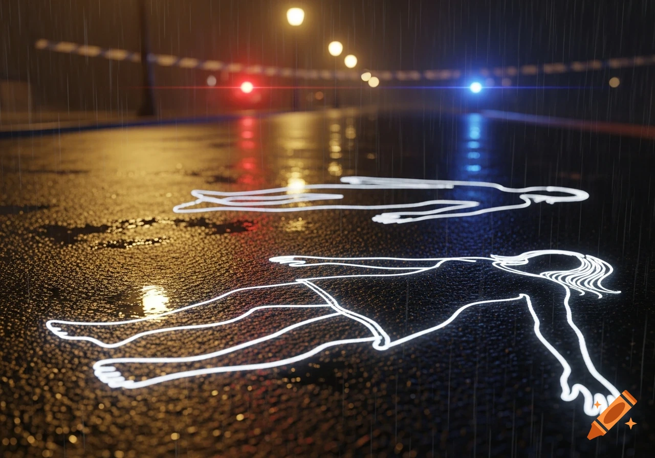 A dark, wet street at night with two white chalk outlines of bodies, illuminated by warm streetlights and a distant red and blue police light flash, with rain falling.