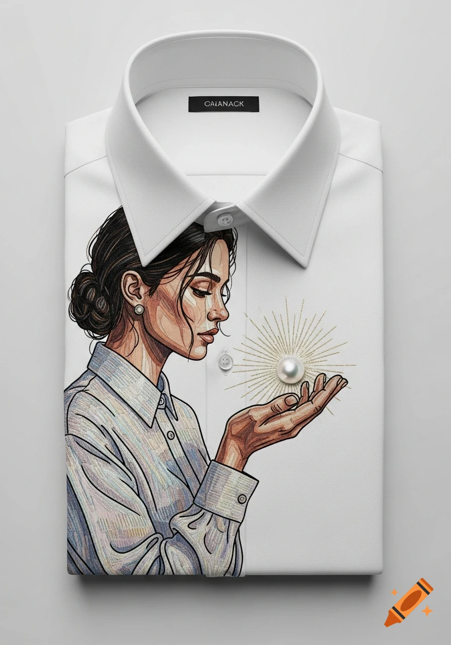 Folded white dress shirt with an embroidered illustration of a woman in profile holding a glowing pearl.