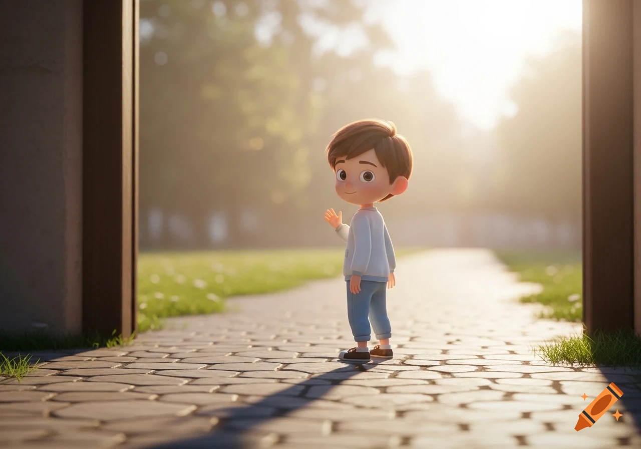 A cute 3D animated boy with brown hair waves goodbye over his shoulder on a sunlit outdoor path.