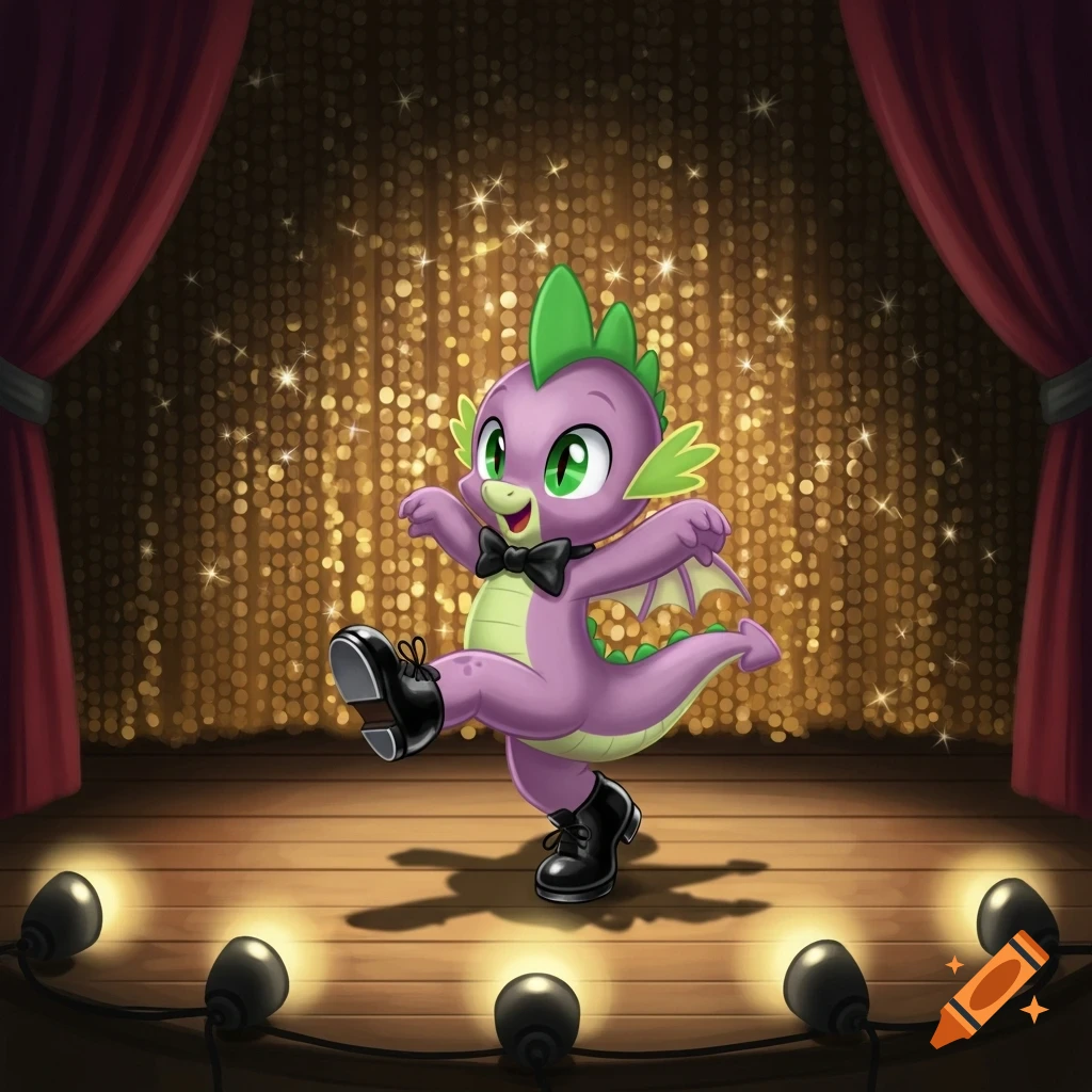 Spike from My Little Pony tap dancing on a spotlighted stage, wearing a black bow tie and tap shoes, against a sparkly golden background with red curtains.