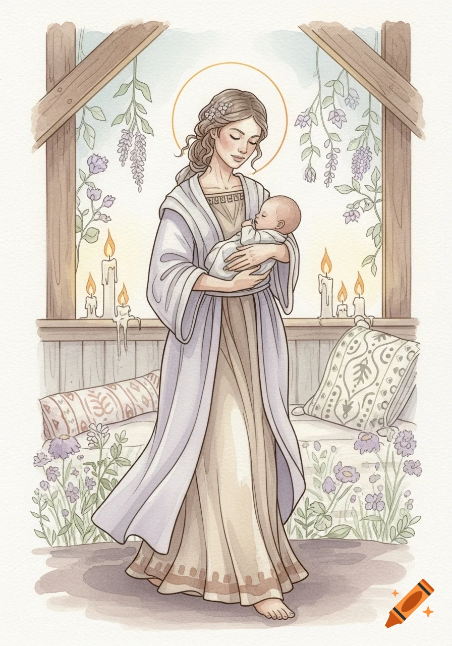 Watercolor illustration of a serene mother with a halo holding a sleeping baby in a rustic room with candles and plants.