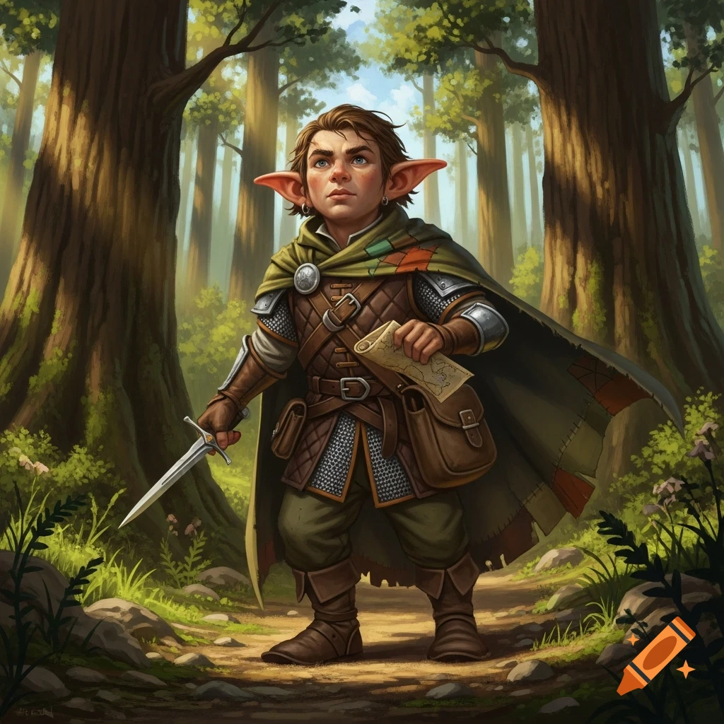 A male halfling scout with pointed ears, holding a dagger and a map ...