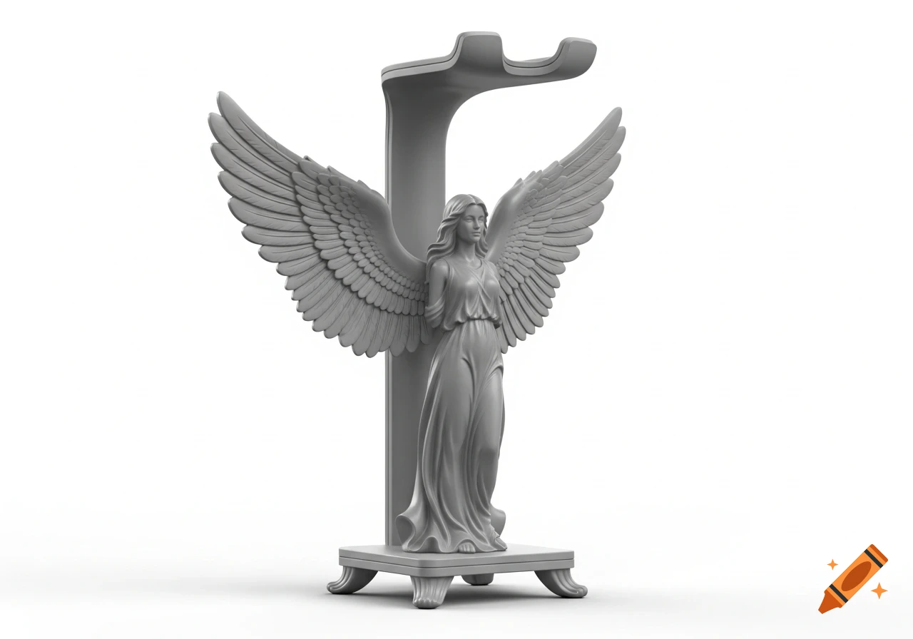 A grey 3D rendered sculpture of an angel with large wings, standing on a rectangular base, designed as a headphone stand.