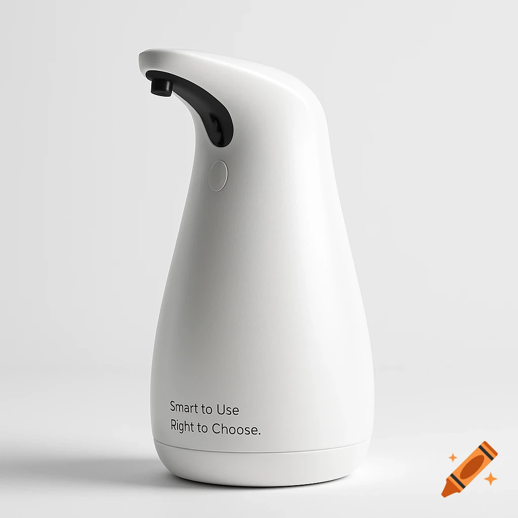 Photorealistic product image of a modern, white, minimalist smart dispenser with a black nozzle and a small button, on a clean white background.
