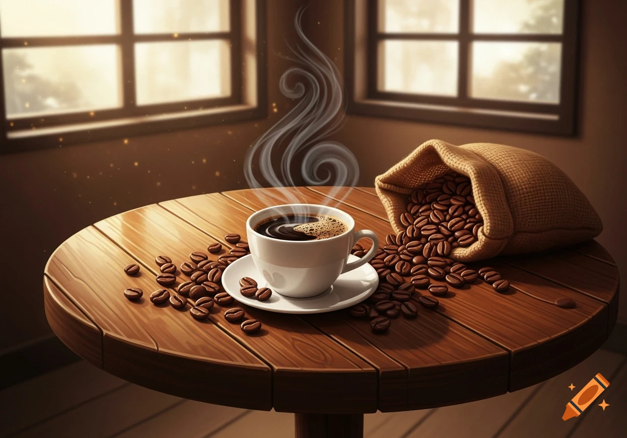A steaming cup of coffee next to a burlap bag spilling roasted coffee beans onto a wooden table by a sunlit window.