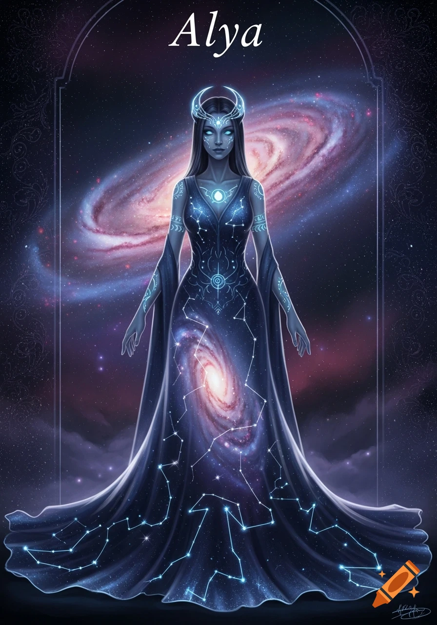 A fantasy illustration of a celestial woman in a galaxy-patterned gown and moon crown, standing before a swirling galaxy.
