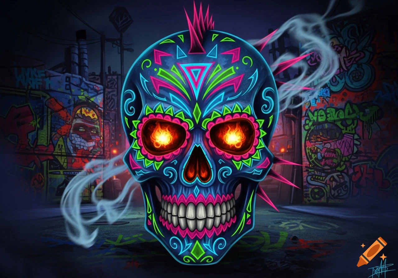 A vibrant, neon-colored sugar skull with fiery eyes, set against a dark, graffiti-covered urban alleyway in a digital art style.