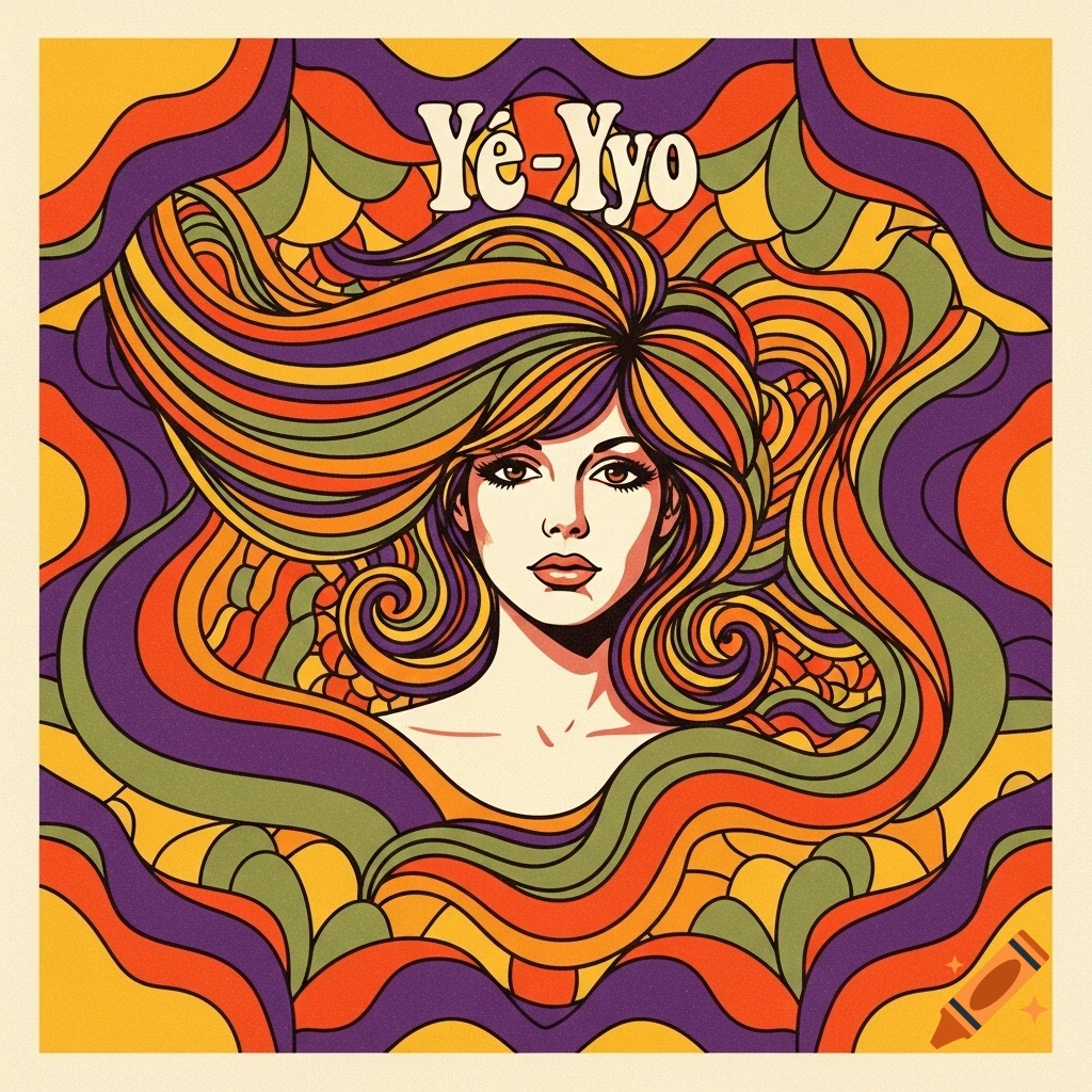 A psychedelic vintage pop art illustration of a woman with long, flowing, multicolored hair amidst wavy patterns.