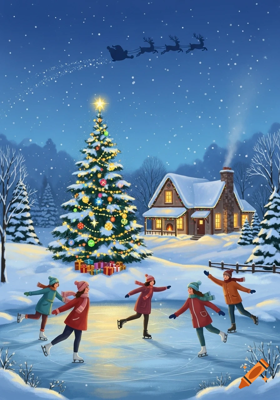 A festive winter illustration shows children ice skating near a decorated Christmas tree and a cozy cabin under a starry sky with Santa's sleigh.