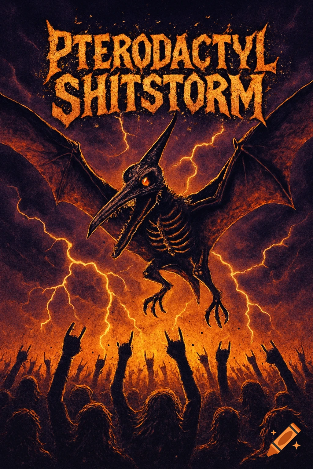 Heavy metal concert poster with a skeletal pterodactyl in a stormy, fiery sky above a crowd raising their hands in "rock on" gestures. Text reads "PTERODACTYL SHITSTORM".