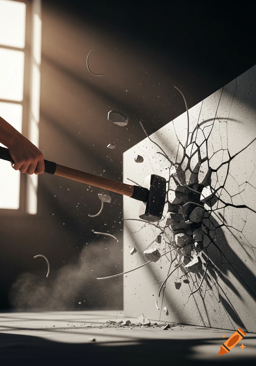 A hand powerfully swings a sledgehammer, violently shattering a concrete wall, sending debris and dust flying in a sunlit room.