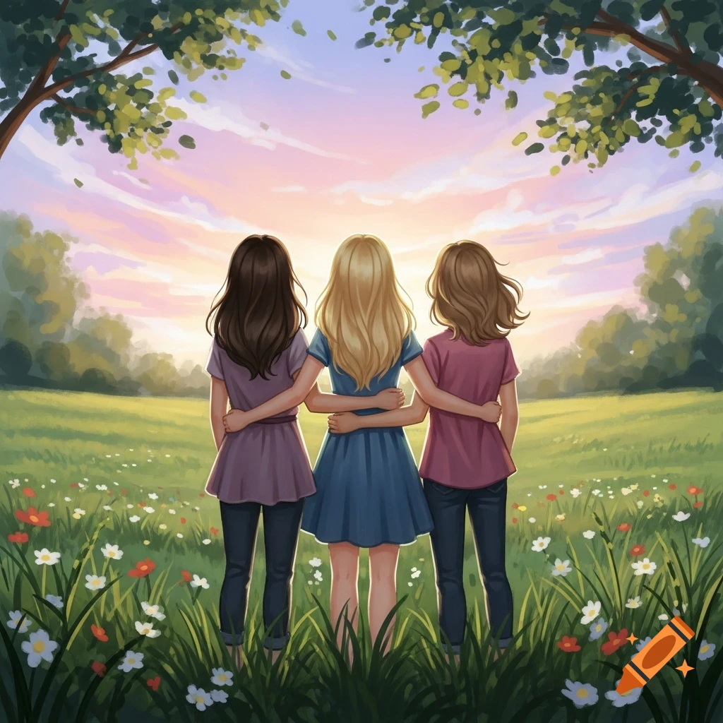 Three girls with blonde, light brown, and dark brown hair stand with arms around each other, seen from behind, looking at a colorful sunset over a field of wildflowers and trees in a digital illustration.