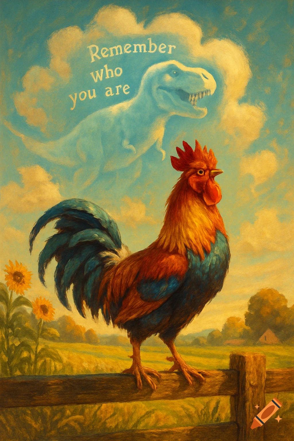 A colorful rooster on a fence looking at a T-Rex cloud with the words 'Remember Who you are' in a painterly landscape.