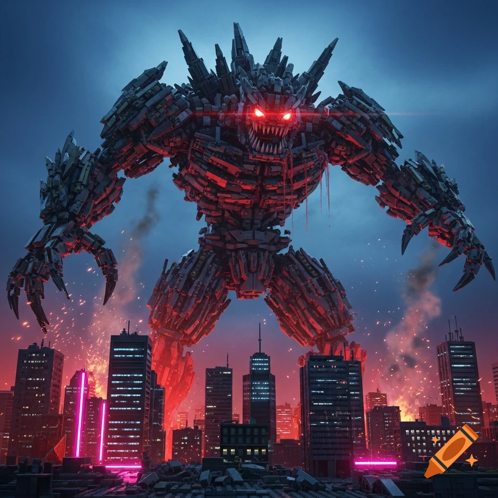A giant, menacing Lego monster with glowing red eyes stands over a city in chaos, surrounded by fire and destruction.