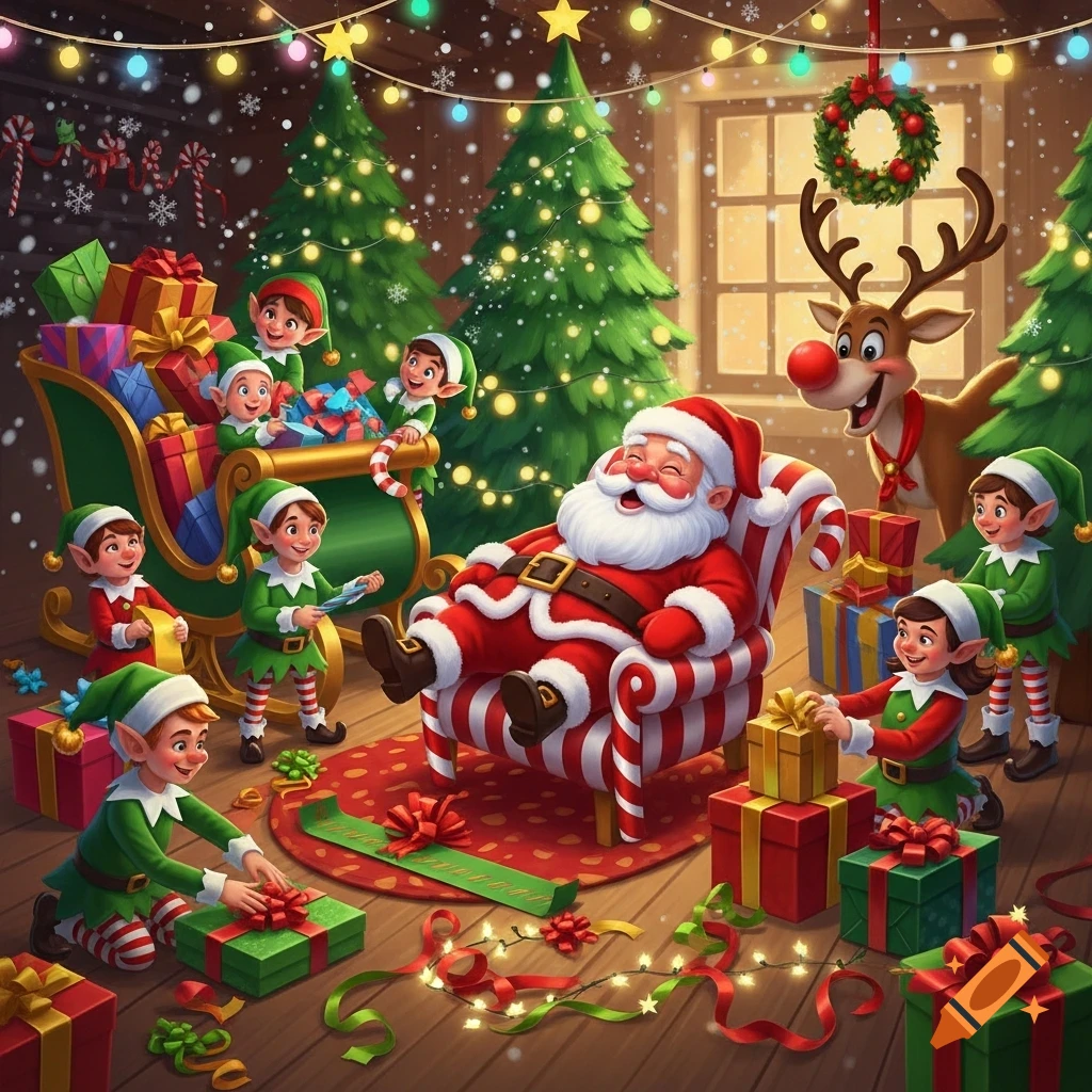 Santa relaxes in a candy-cane chair as cartoon elves and a reindeer wrap Christmas presents in a festive room with decorated trees and string lights.