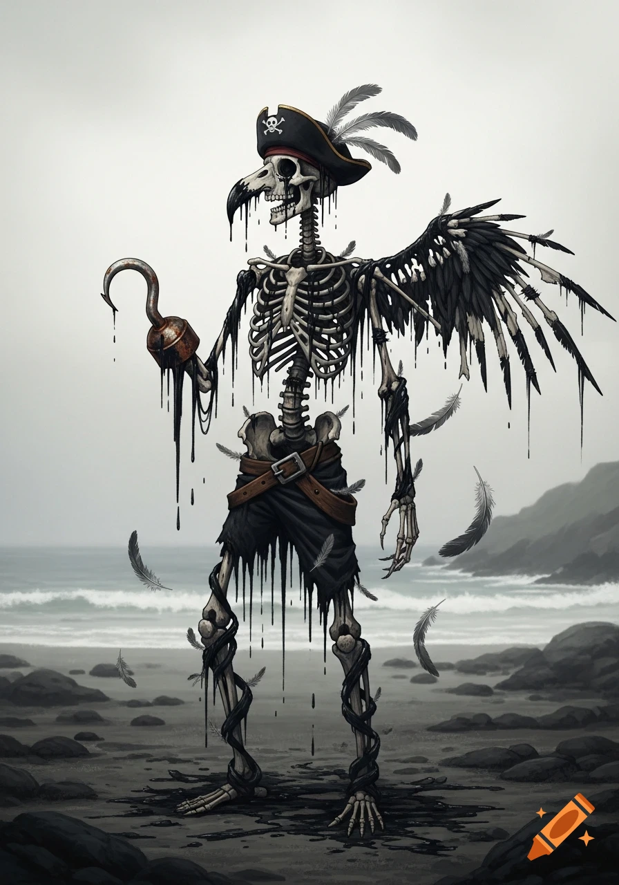 A grotesque painterly illustration of a bird-headed skeleton pirate with a hook hand and feathered wing, dripping black tar on a rocky beach.