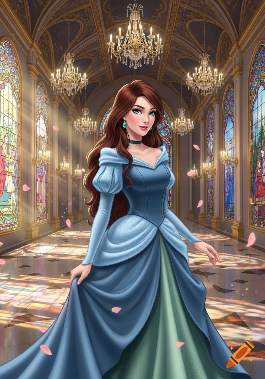 A brown-haired princess with blue-green eyes in a blue ball gown poses in a grand ballroom with stained glass windows and chandeliers, stylized illustration.
