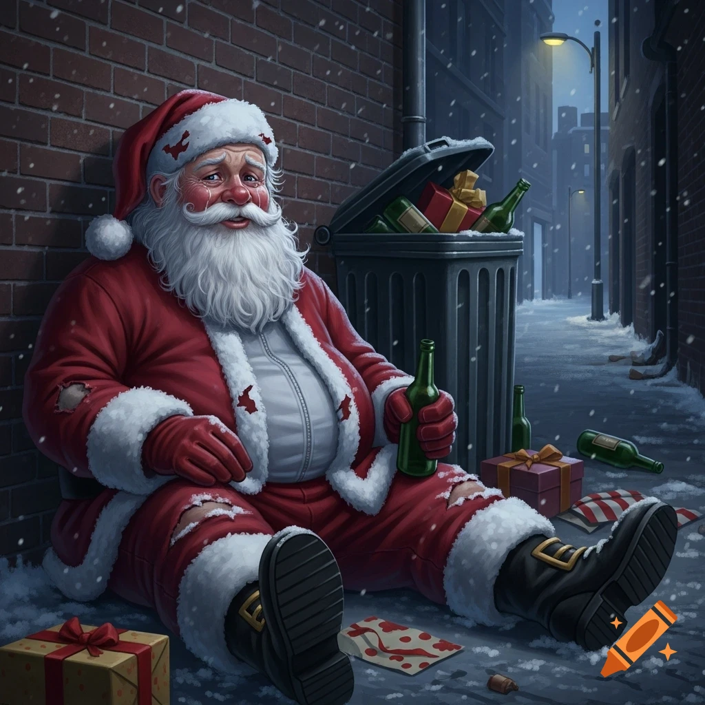 A disheveled Santa Claus sits sadly in a snowy urban alley, holding a green bottle next to a trash can and discarded gifts.