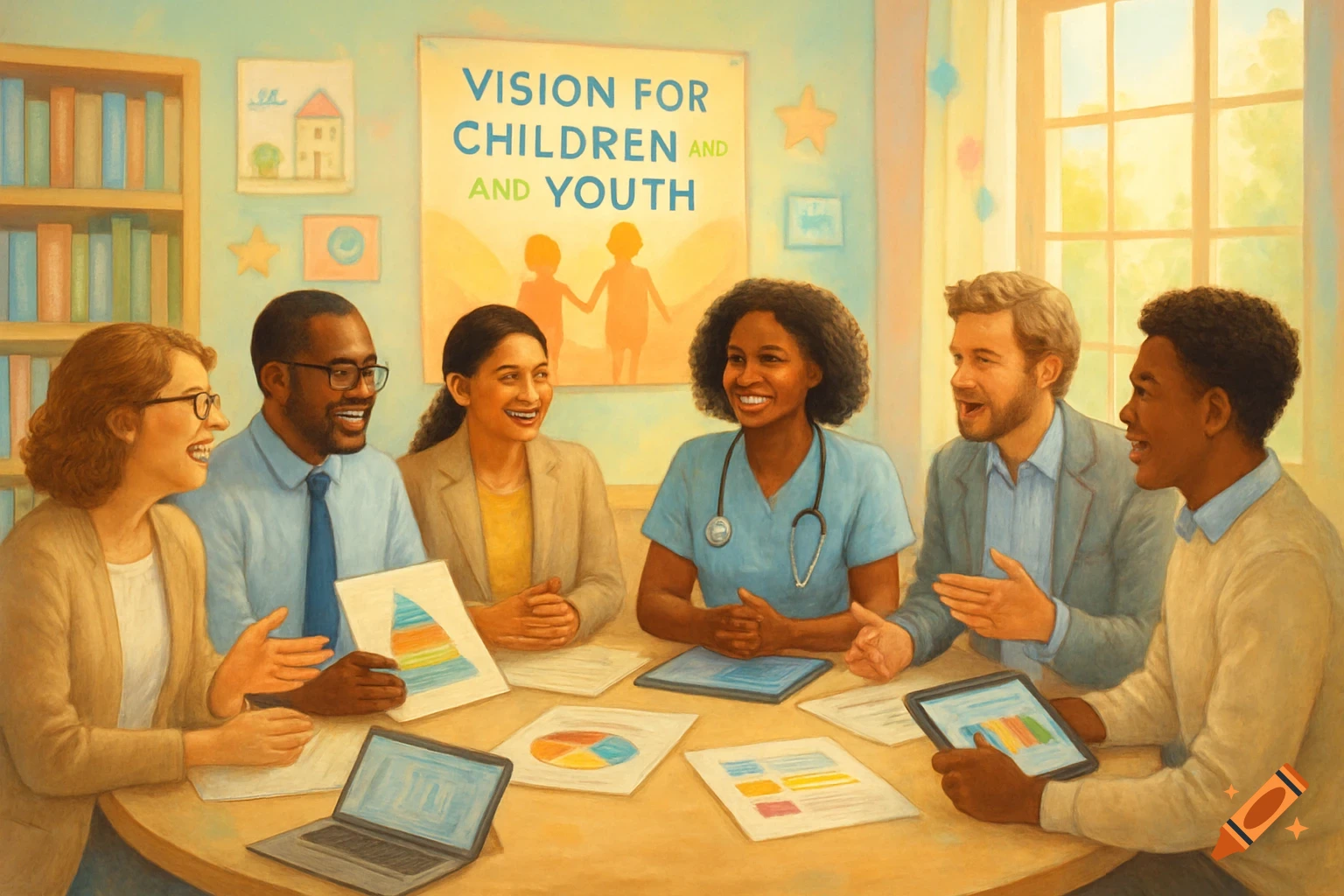 A diverse group of professionals smiling and discussing at a round table with laptops, tablets, and charts. A poster on the wall reads "VISION FOR CHILDREN AND YOUTH".