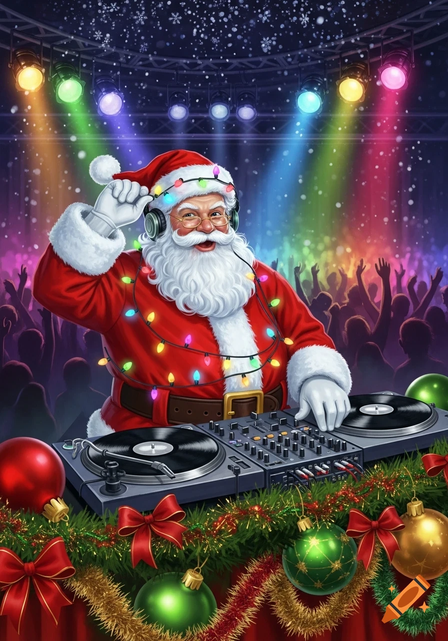 A festive illustration of Santa Claus as a DJ, wearing headphones and spinning records at a vibrant Christmas party with stage lights and snow.