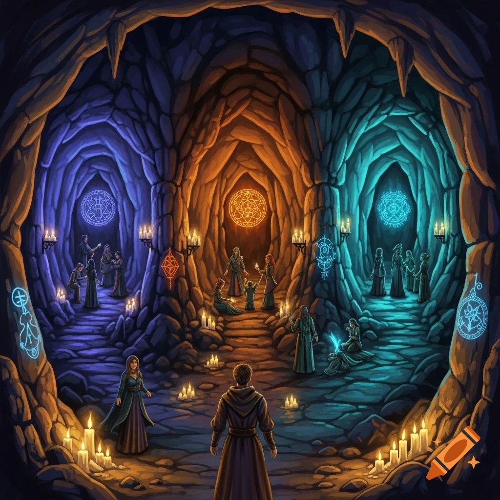 A person stands at the entrance to a large cave, looking towards three colorfully lit passages filled with robed figures and glowing mystical symbols.