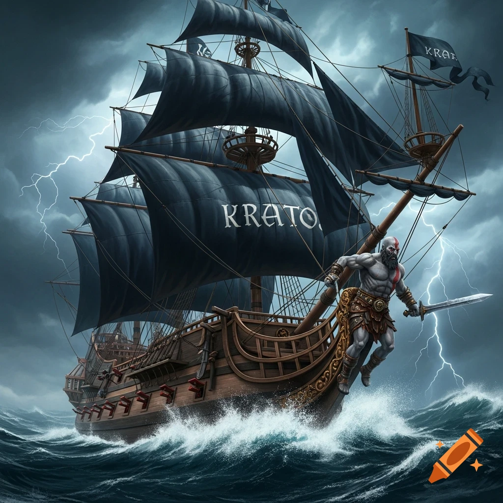Kratos, the video game character, leaps from a pirate ship with black sails emblazoned 'KRATOS' during a lightning storm.