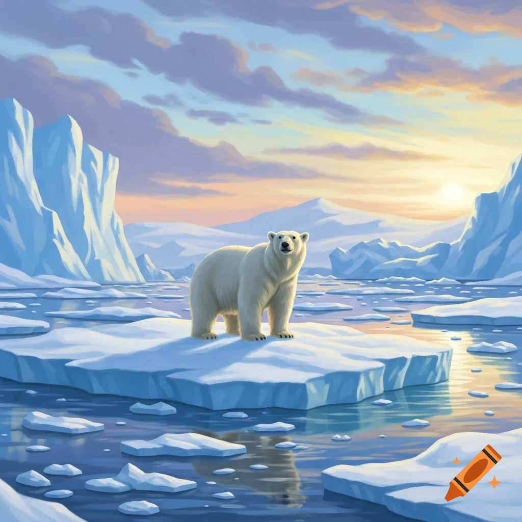 An illustration of a polar bear standing on an ice floe in a vibrant arctic landscape with icebergs and a sunset.