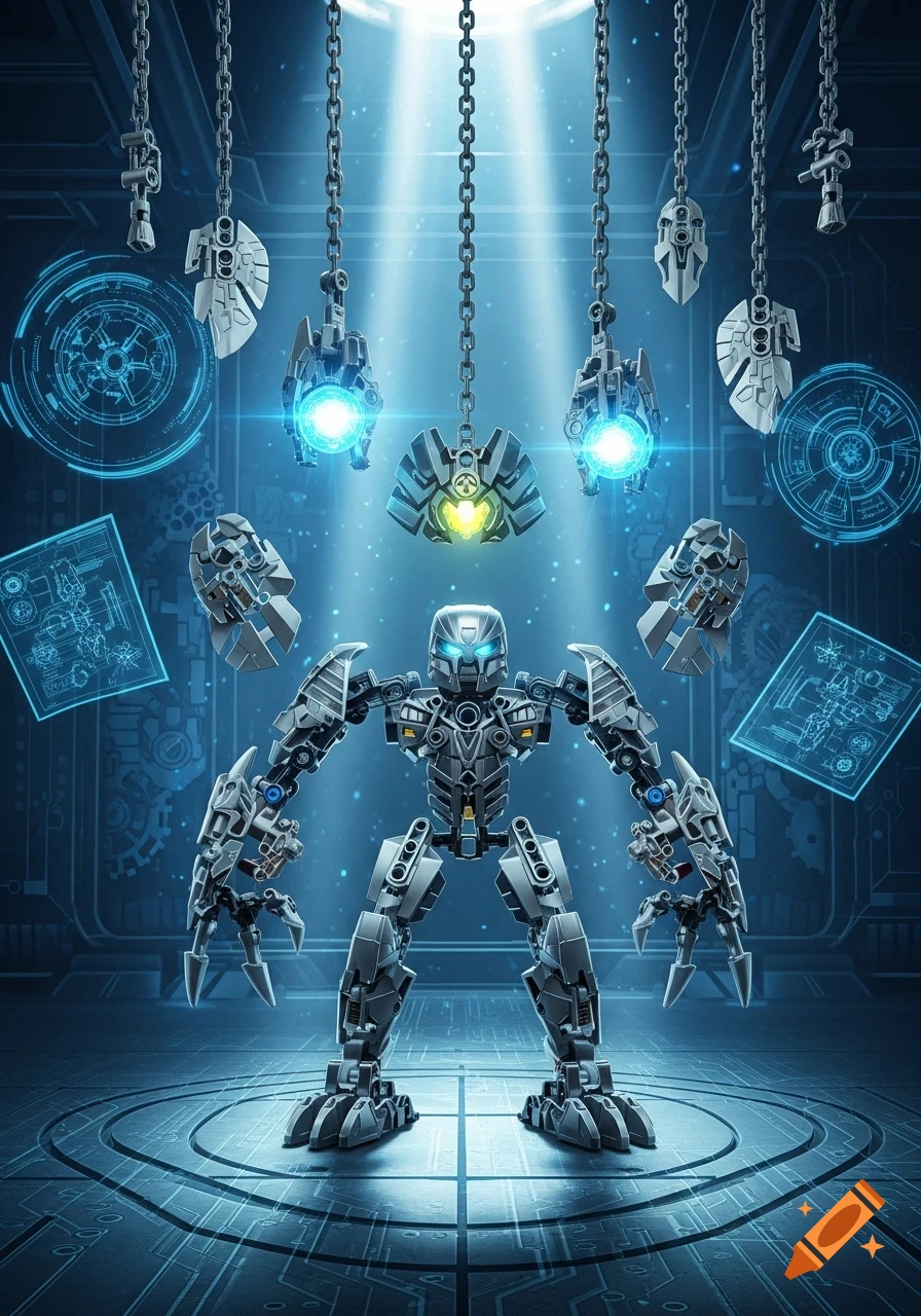 A detailed, grey and black Bionicle-style robot stands in a glowing sci-fi lab with hanging mechanical parts and blue holographic displays.
