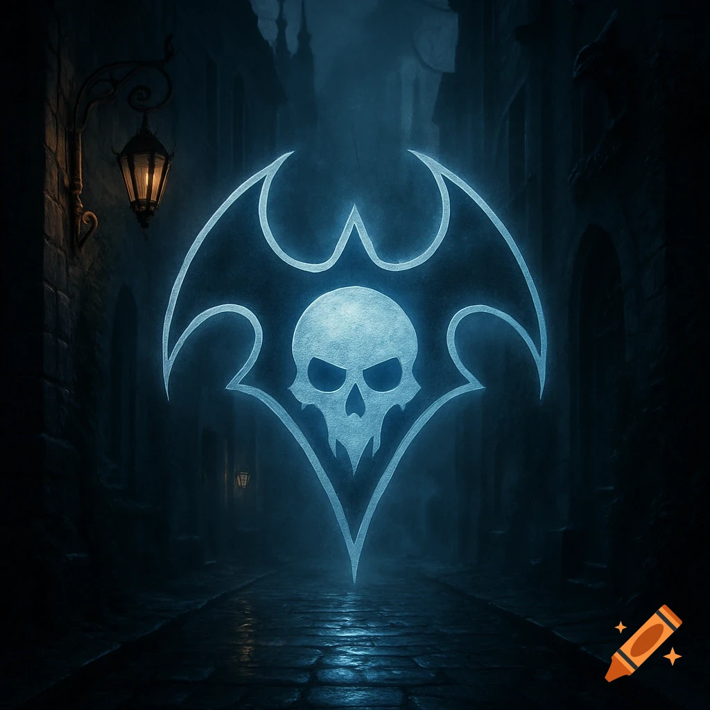 A glowing blue-white skull and bat-wing-like logo floats in a dark, atmospheric gothic alley lit by a single streetlamp.