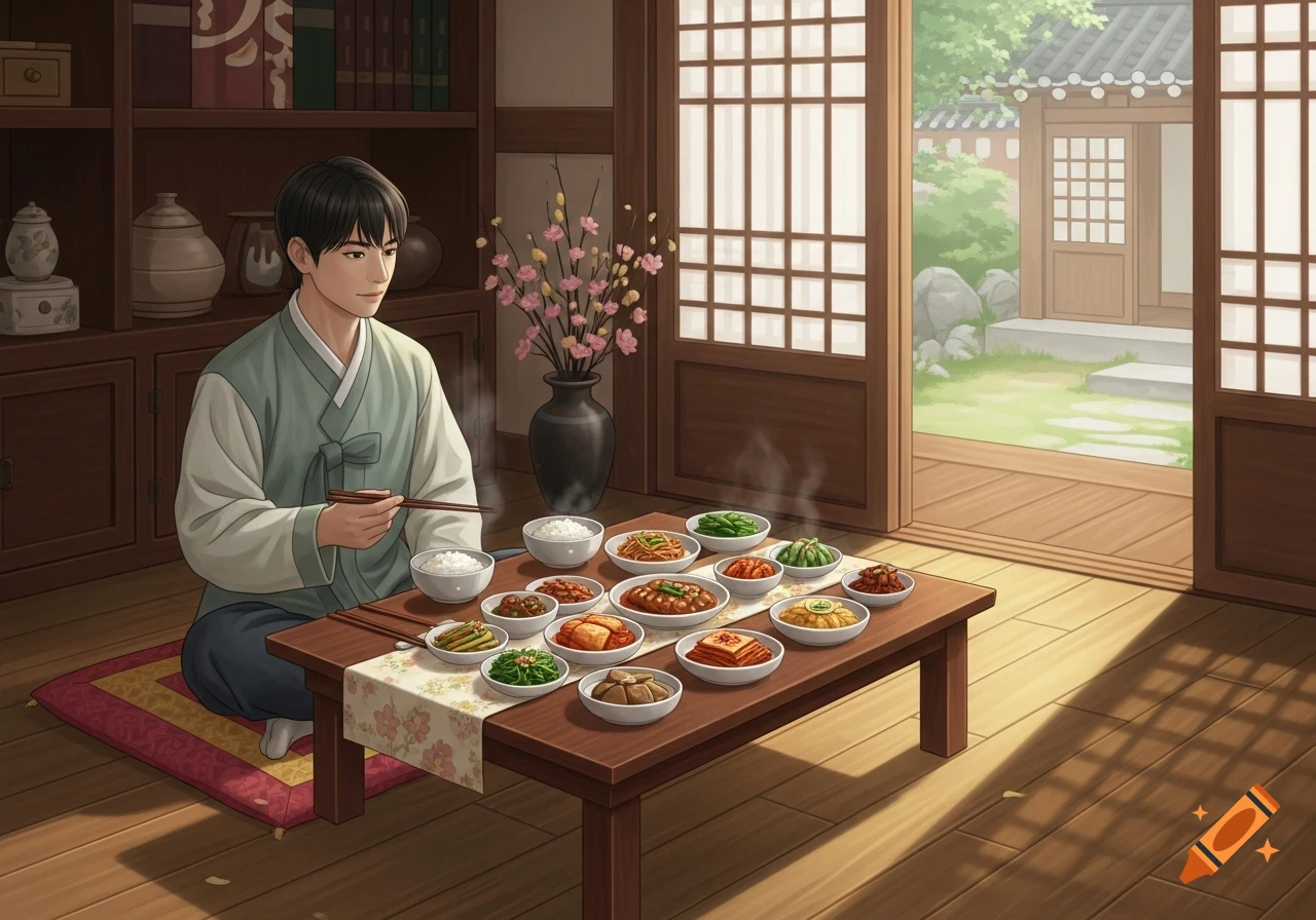 An illustrated Korean man in traditional attire eats a meal of rice and many side dishes at a low table in a traditional home.