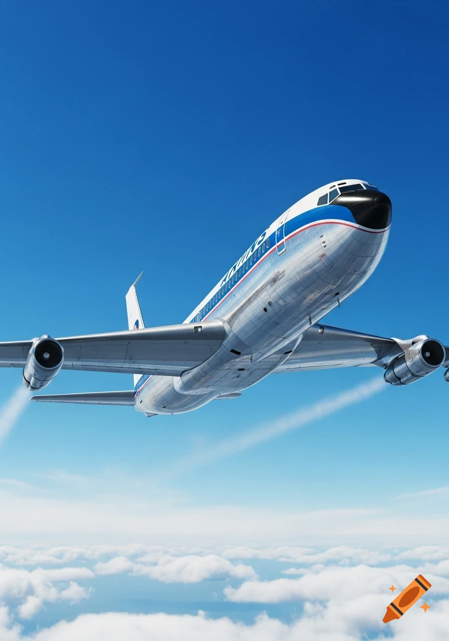 A photorealistic Boeing 707 airliner flying through a clear blue sky above a layer of white clouds.