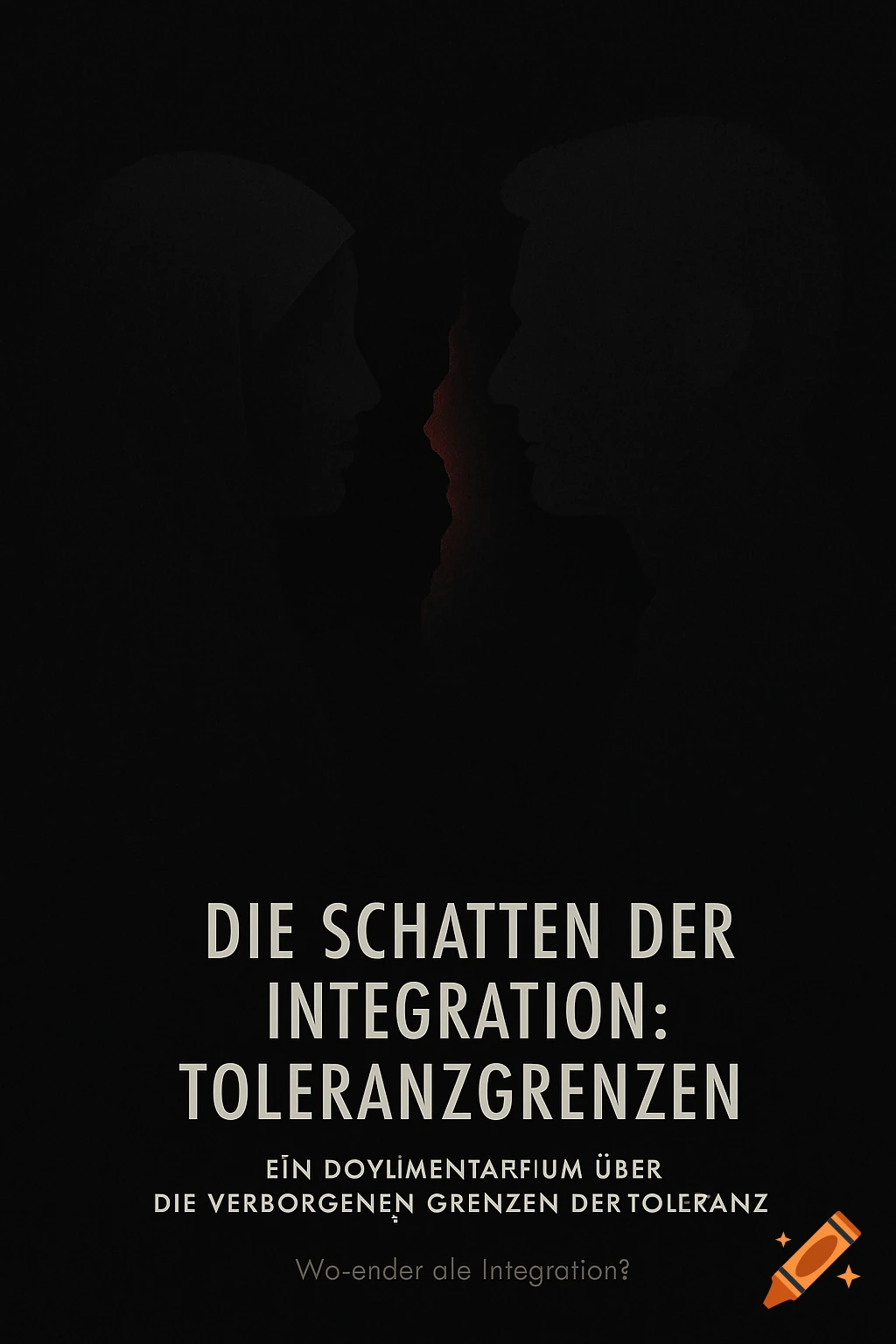 Minimalist movie poster with two dark human silhouettes facing each other on a black background, with a subtle red glow in the negative space between their profiles. German text is visible below.