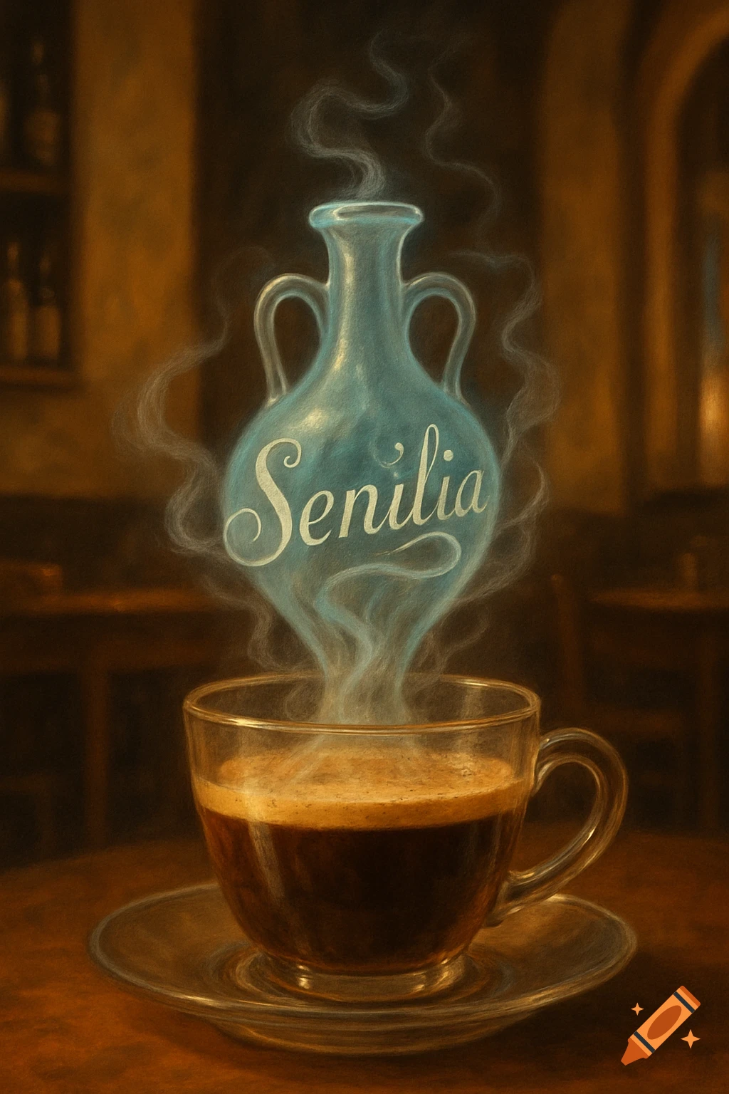 Steaming cup of coffee with a glowing blue vase labeled 'Senilia' emerging from the steam, in a painterly style.