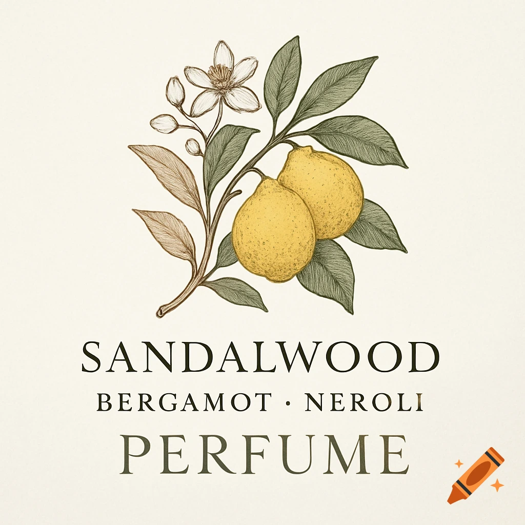A vintage-style botanical illustration featuring two yellow lemons, white flowers, and green leaves on a branch, with text 'SANDALWOOD BERGAMOT NEROLI PERFUME' below.