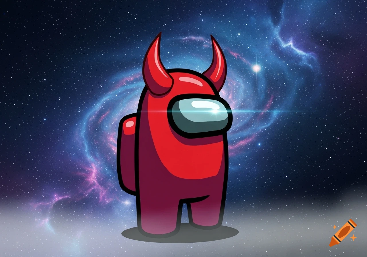 A red Among Us character with devil horns stands against a starry space background.