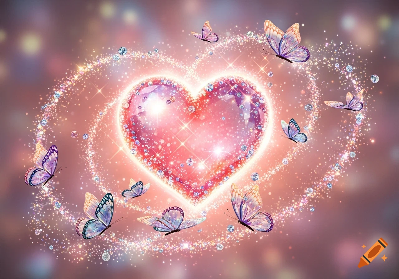 A glowing pink heart, adorned with sparkles and gems, surrounded by colorful butterflies and shimmering trails.