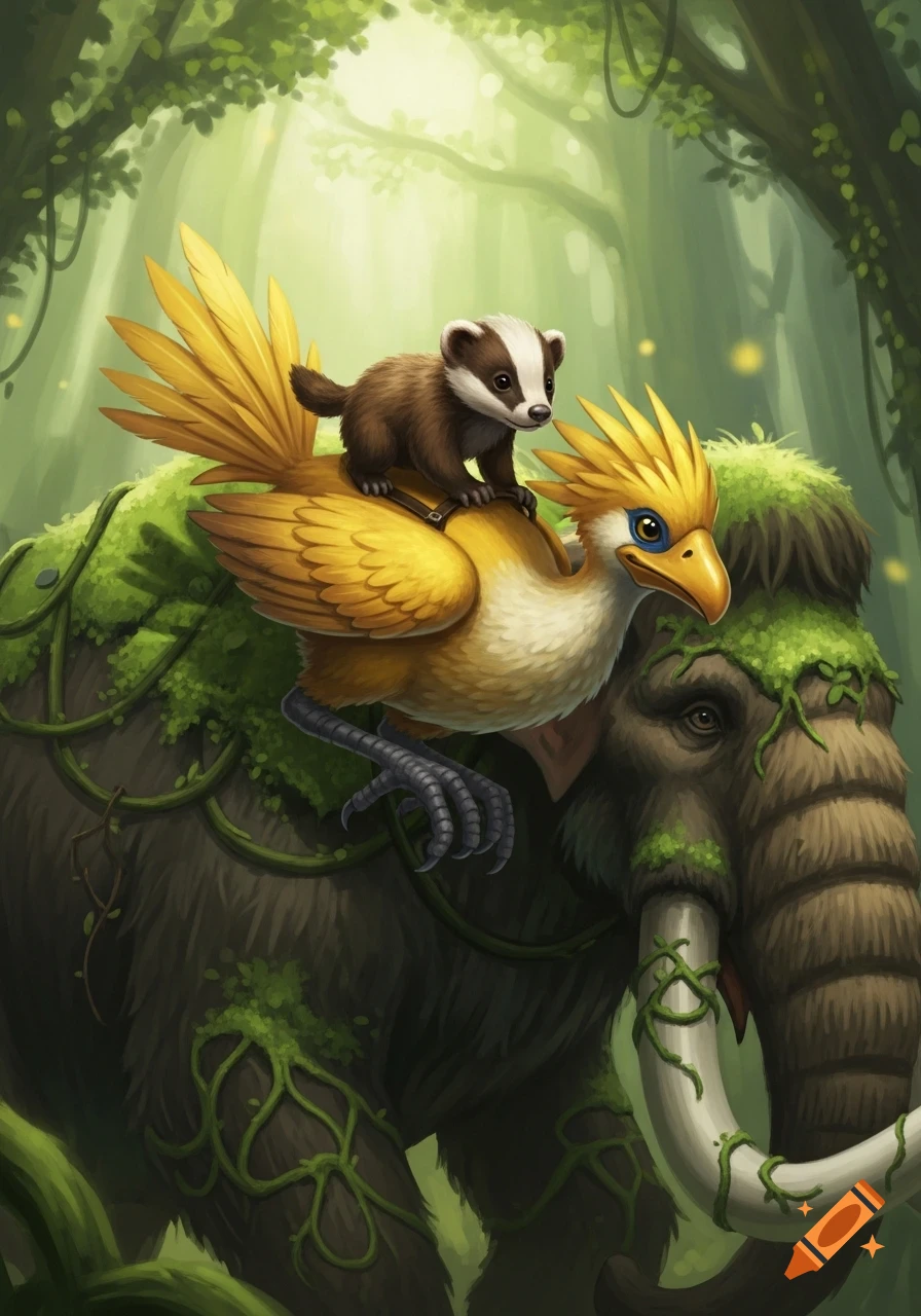 A badgermole cub rides a yellow chocobo-like bird, which in turn rides a moss-covered woolly mammoth through a lush green forest.