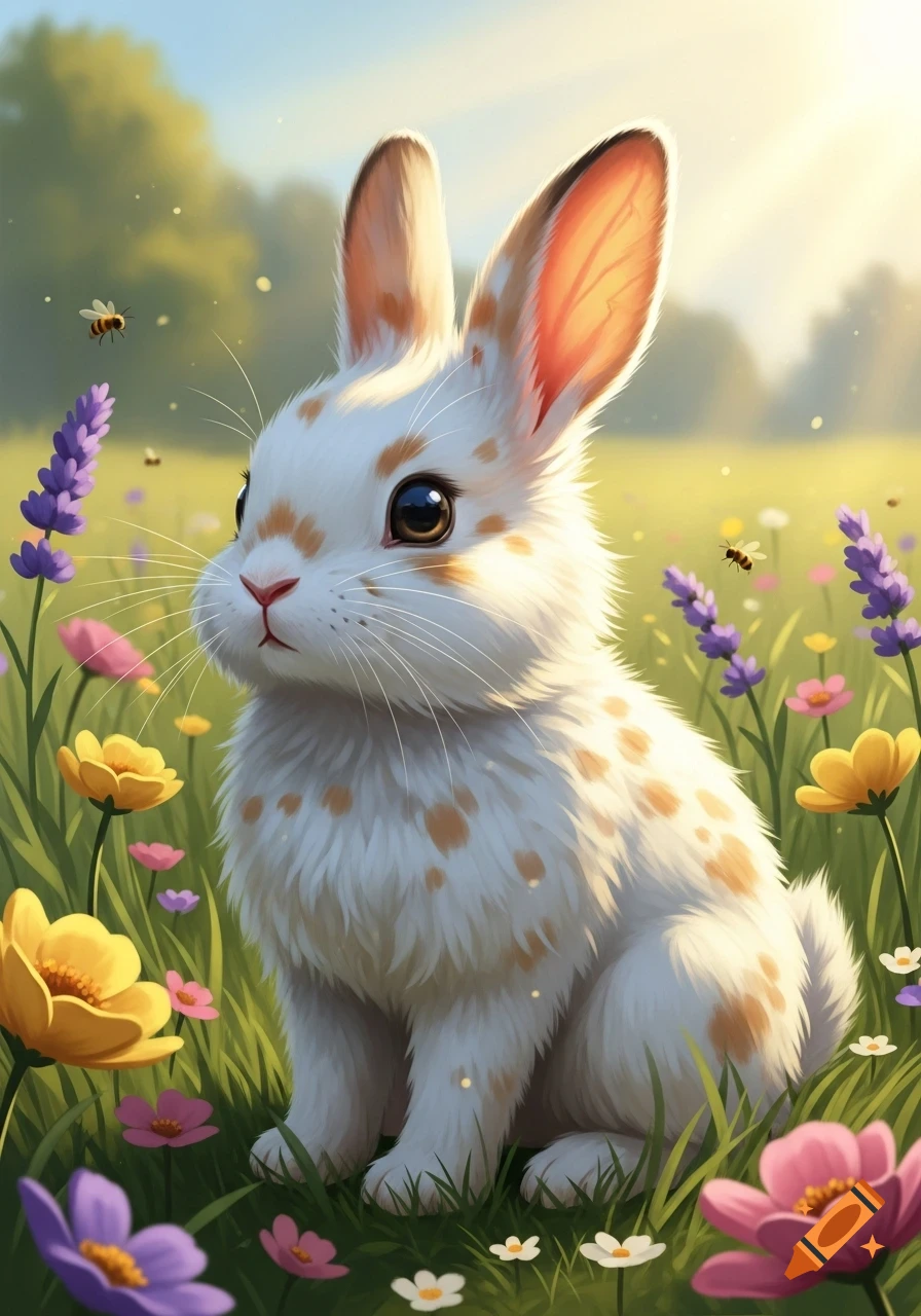 A cute white rabbit with brown spots sits among colorful flowers and green grass in a sunny field.