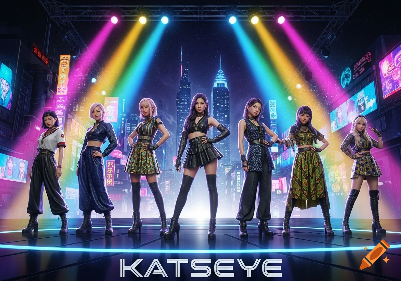 A girl group named KATSEYE poses on a futuristic stage under colorful spotlights, with a neon-lit city skyline in the background. The members wear stylish outfits.