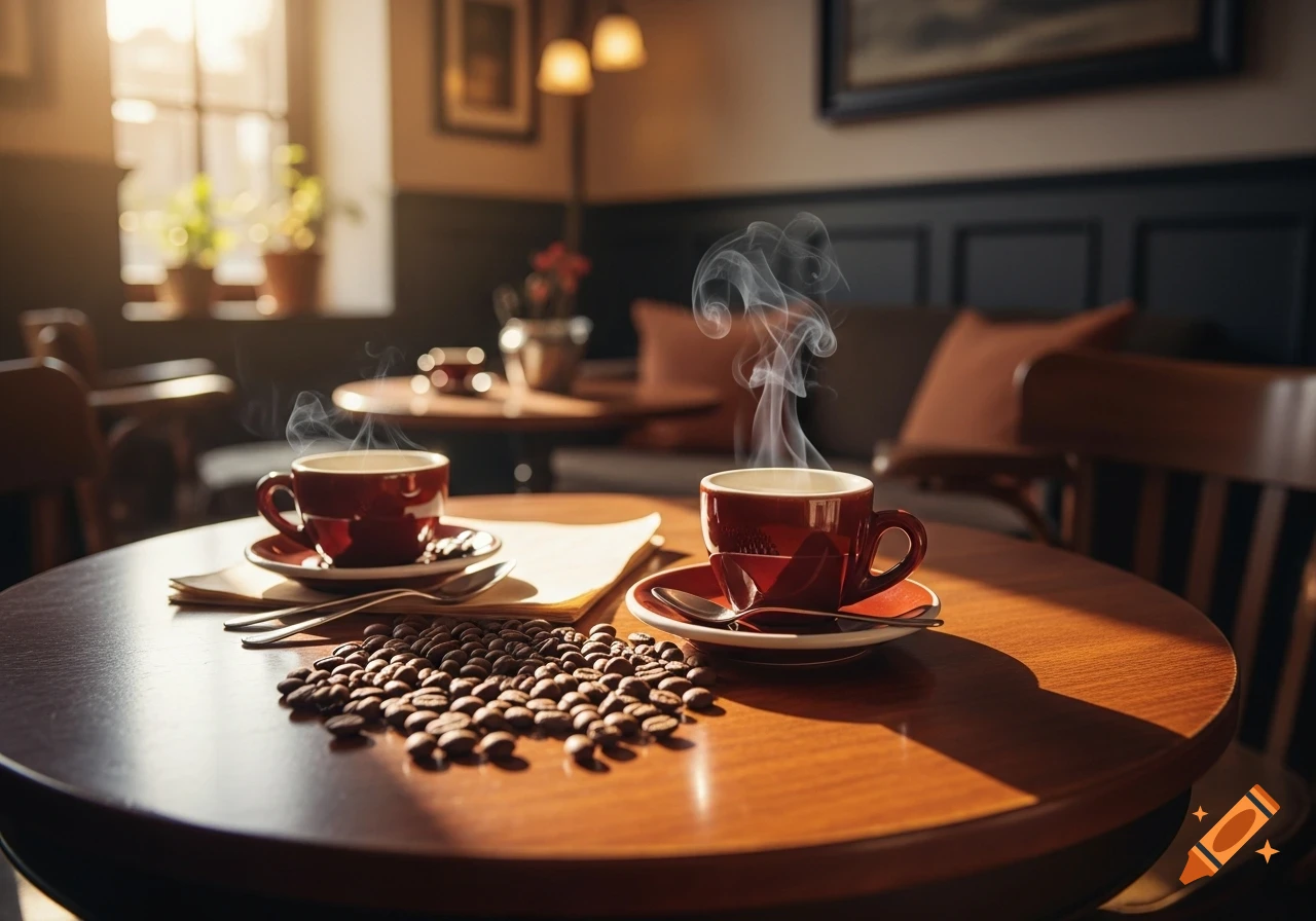 Two steaming cups of coffee and scattered coffee beans on a wooden table in a warm, sunlit cafe.