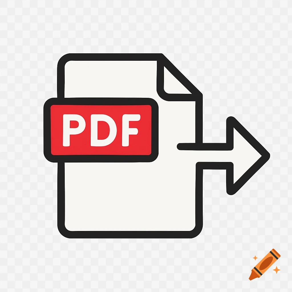 A flat design icon of a white document with a red 'PDF' label and an outgoing arrow on a transparent background.