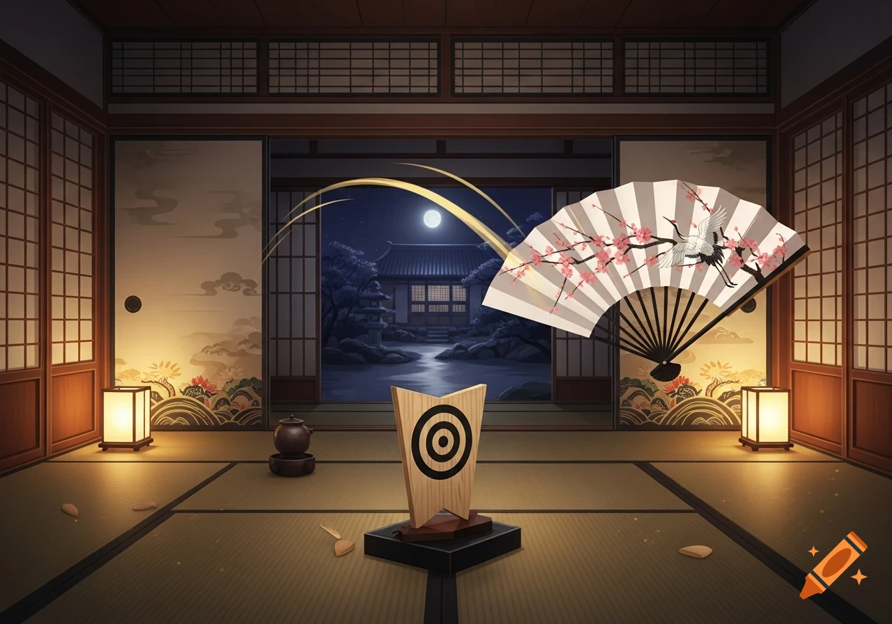 An illustration of a traditional Japanese room at night, with a fan and a game target in the foreground, looking out to a moonlit garden.