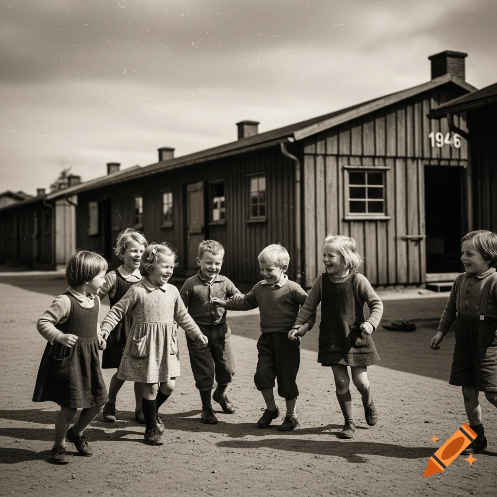 Black and white photo of smiling children holding hands and playing in front of wooden barracks, dated 1946.