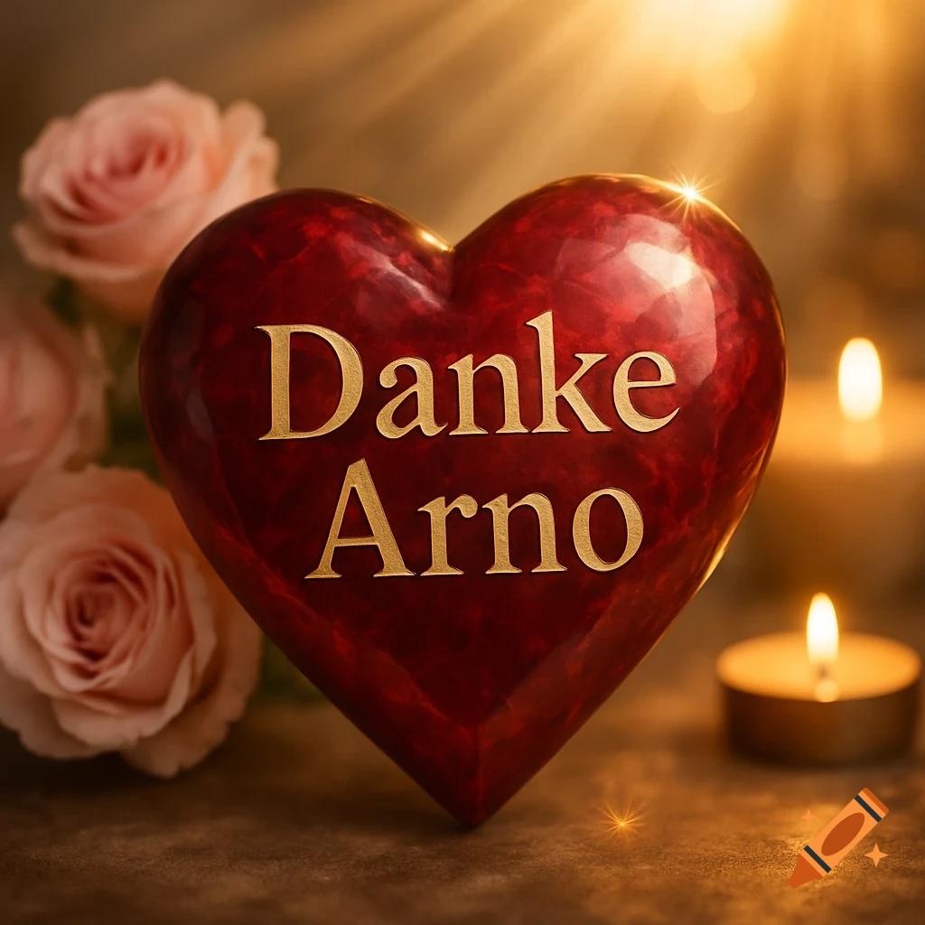A red heart with 'Danke Arno' in gold, surrounded by pink roses and lit candles under warm light.