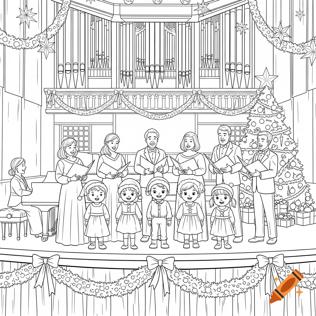 Black and white coloring page of a Christmas choir with adults and children singing on a stage, with a pipe organ and decorated Christmas tree in the background, and a pianist playing.