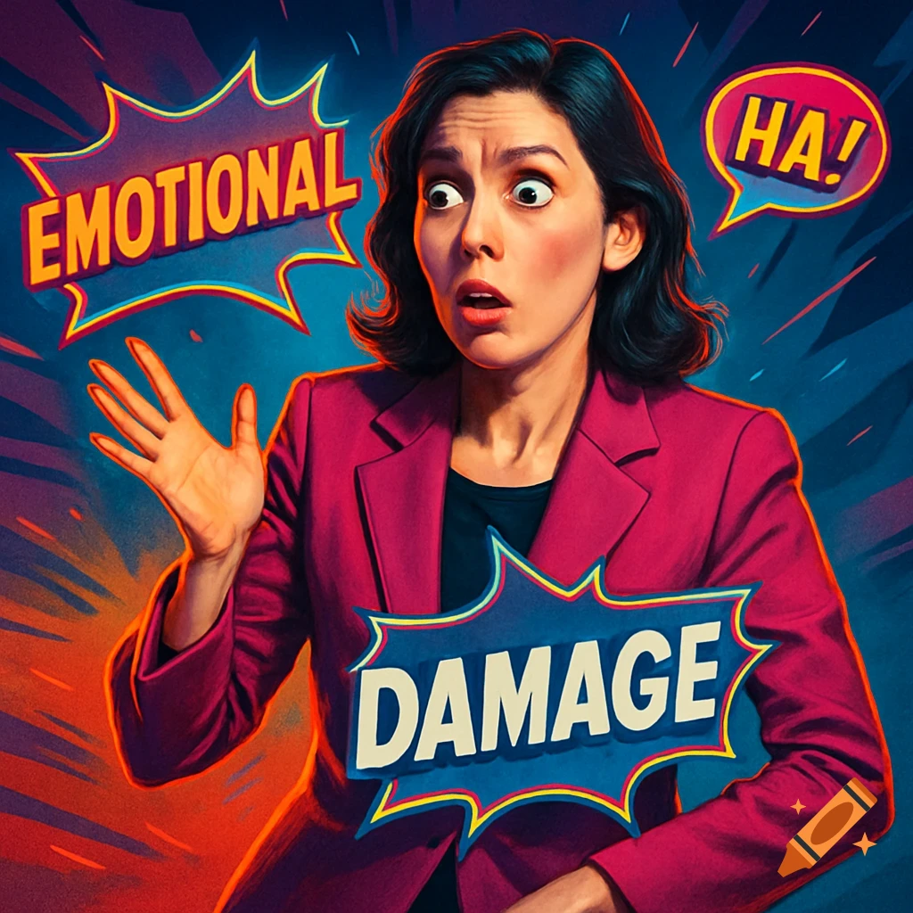 A woman with a shocked expression in a comic book style, with speech bubbles reading 'EMOTIONAL', 'HA!', and 'DAMAGE'.