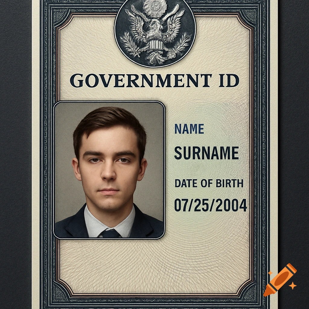 A photorealistic government ID card featuring a young man's photo, 'GOVERNMENT ID' title, and a date of birth 07/25/2004.