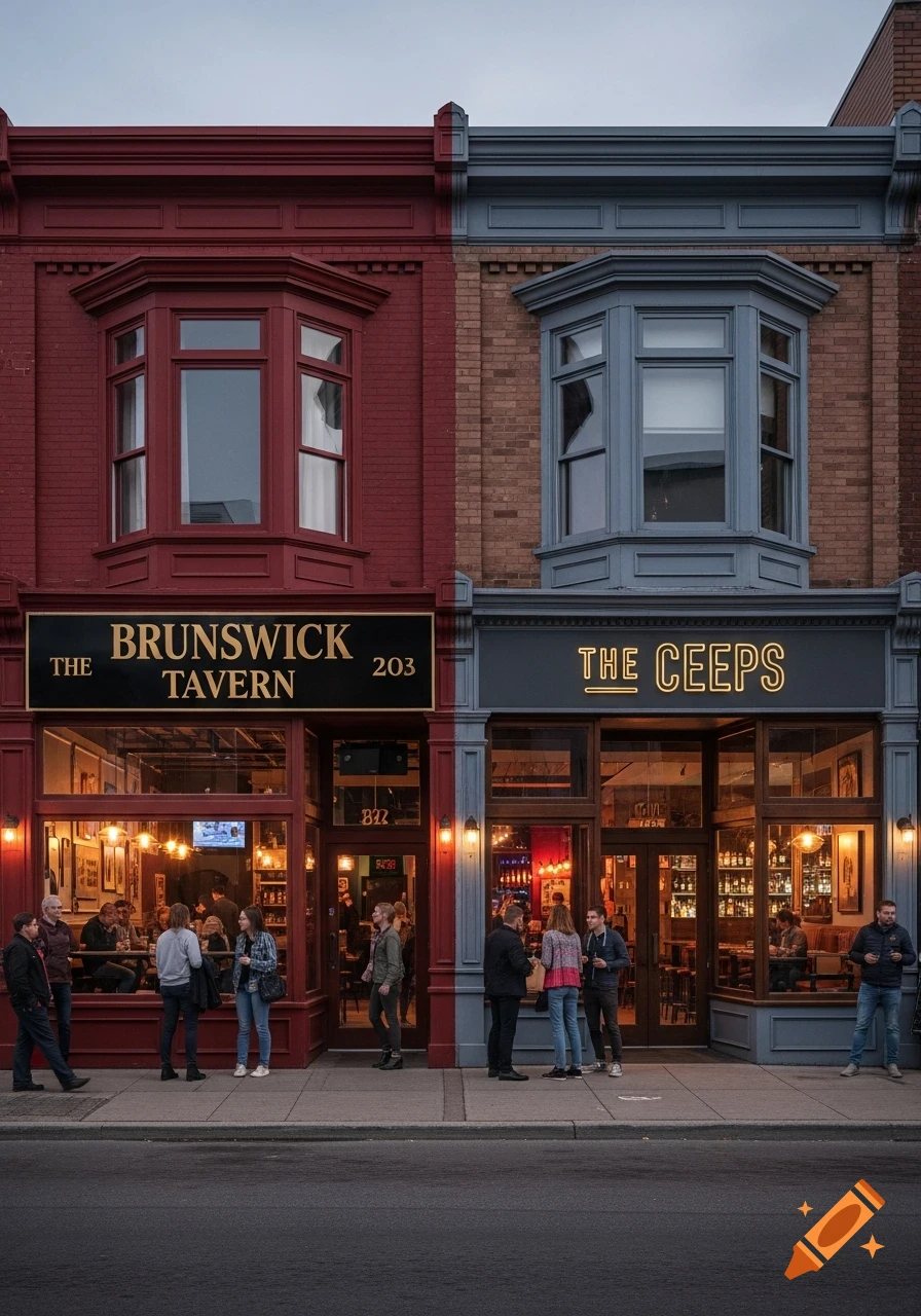 Photorealistic image of two conjoined brick storefronts, 'The Brunswick Tavern' and 'The Ceeps', bustling with people on a city street.