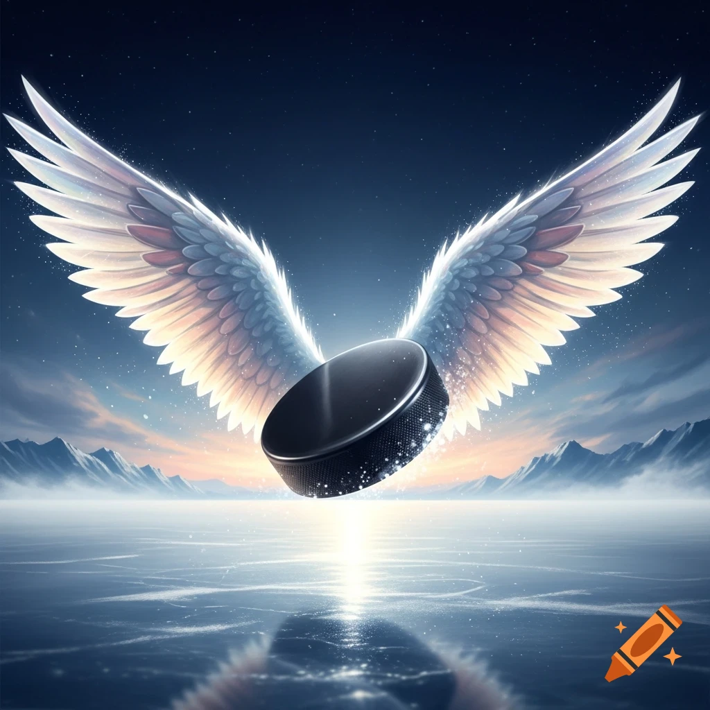 A black hockey puck with glowing white wings flies over a reflective frozen lake with snowy mountains under a starlit sunset sky.