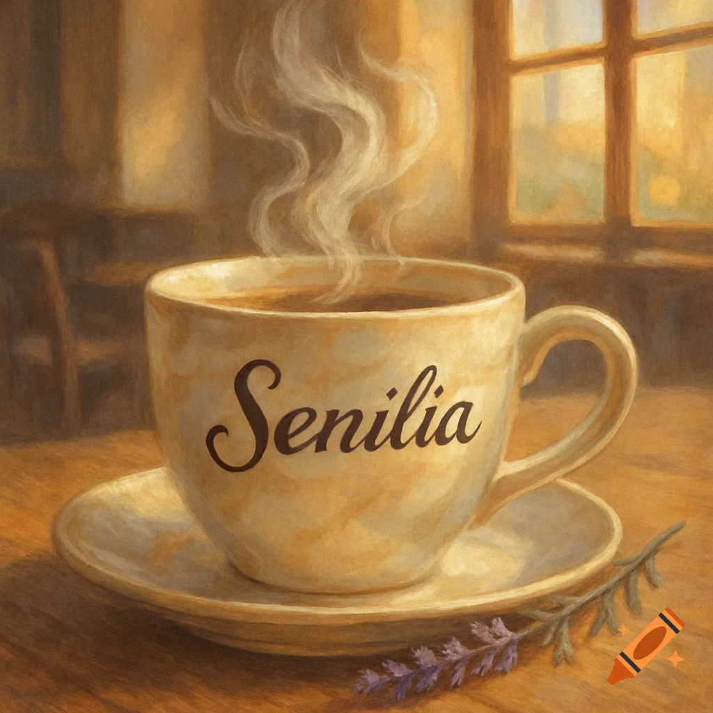 Painterly image of a steaming coffee cup with 'Senilia' written on it, on a saucer with lavender sprigs.